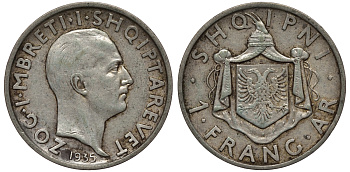 Албания 1 франга ари 1935 R, Ахмет Зогу I (1928-1939) KM 16 серебро 441-1312