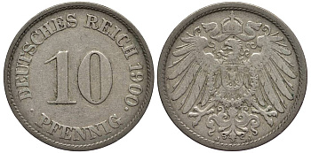 Германия 10 пфеннигов 1900 J KM 12, Jager 13, Weege 8 медно-никель 219-334
