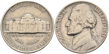 США 5 центов 1941 Джефферсон KM 192 медно-никель 92-942