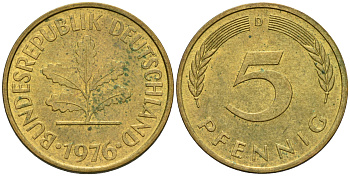 ФРГ 5 ПФЕННИГОВ 1976 D KM 107, J.382 сталь плакированная латунью UNC 75-467