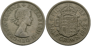 Великобритания 1/2 кроны 1955 Елизавета II (1952-2022) KM 907, Spink 4145 медно-никель 4125-524