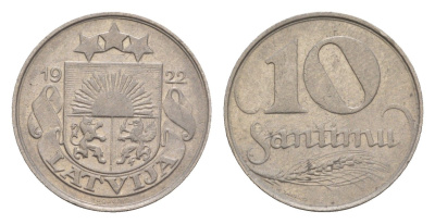 Латвия 10 сантимов 1922 год-тип KM 4 никель 4658-1239