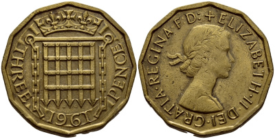 Великобритания 3 пенса 1961 Елизавета II (1952-2022) KM 900, Spink 4153 никель латунь 4393-335