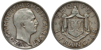 Албания 1 франга ари 1935 R, Ахмет Зогу I (1928-1939) KM 16 серебро 441-1312