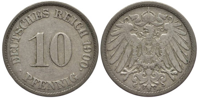 Германия 10 пфеннигов 1900 J KM 12, Jager 13, Weege 8 медно-никель 219-334