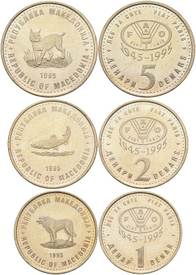 Северная Македония набор из 3 монет (1, 2, 5 денаров) 1995 FAO, животные KM 5а, 6а, 7а медь никель цинк UNC N2-43