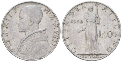 Ватикан 10 лир 1956 Пий XII (1939-1958) KM 52 алюминий aUNC 4591-855