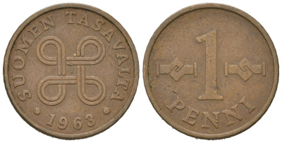 Финляндия 1 пенни 1963 первый год KM 44 медь 99-941