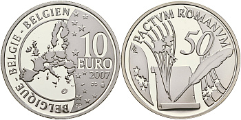 Бельгия 10 евро 2007 50 лет Римскому договору KM 260 серебро PROOF 01-165-44
