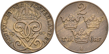 Швеция 2 эре 1940 Густав V (1907-1950) KM 778 бронза 68-1212