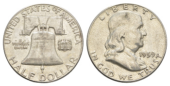 США 1/2 доллара (50 центов) 1959 Бенджамин Франклин, колокол KM 199 серебро    4653-121