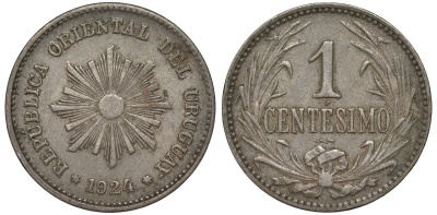 Уругвай 1 сентесимо 1924 KM 19 медно-никель 4169-647