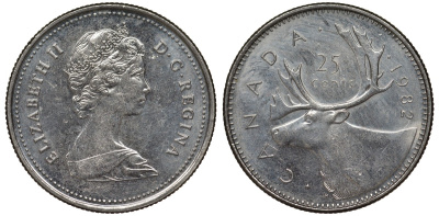 Канада 25 центов 1982 Елизавета II (1952-2022), олень карибу, второй портрет в короне KM 74 никель 4128-653