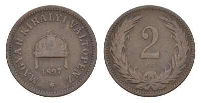 Венгрия 2 филлера 1897 KB, Франц Иосиф (1848-1916) KM 481 бронза 4658-324