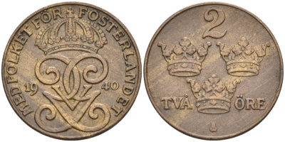 Швеция 2 эре 1940 Густав V (1907-1950) KM 778 бронза 68-1212