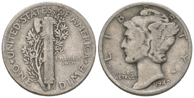 США 10 центов (дайм) 1943 KM 140 серебро 3334-1264