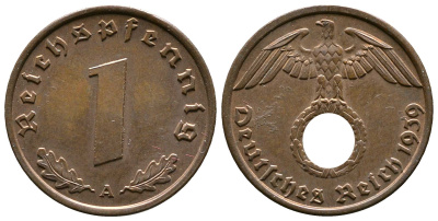 Германия 1 рейхспфенниг 1939 A KM 89, J. 361 бронза    220-348