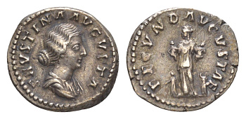 Римская Империя денарий 161 Фаустина Младшая, жена Марка Аврелия, FAVSTINA AVGVSTA, бюст императрицы/FECVND AVGVSTAE, Фекундитата, персонификация Плодовитости, с черырьмя детьми, Рим RIC 676 серебро 1073-4-63