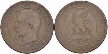 ФРАНЦИЯ 10 САНТИМОВ 1856 D, НАПОЛЕОН III (1852-1870) KM 771.4, LE FRANC 133.35 бронза 38-1222