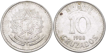 Бразилия 10 крузадо 1988 реформа 1986-1989 KM 607 нержавеющая сталь 210-536