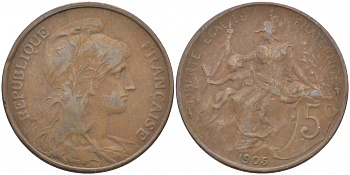 ФРАНЦИЯ 5 САНТИМОВ 1905 ТИП ДАНИЭЛЬ ДЮПЮИ KM 842, LE FRANC 119.15 бронза 3856-345