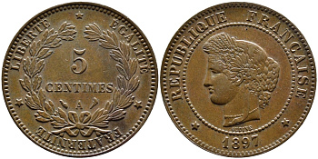 ФРАНЦИЯ 5 САНТИМОВ 1897 A, ТРЕТЬЯ РЕСПУБЛИКА (1871-1940) KM 821.1, LE FRANC 118.41 бронза 4393-1236