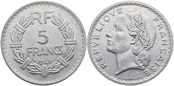 Франция 5 франков 1949 тип Лаврийе KM 888b.1, LE FRANC 339.17 алюминий 74-733