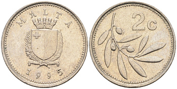 Мальта 2 цента 1995 оливковая ветвь KM 94 медно-никель 188-517