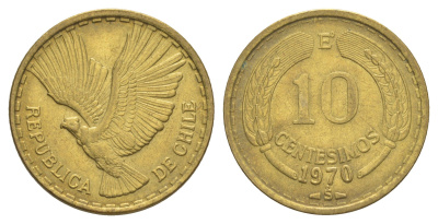 Чили 10 сентесимо 1970 KM 191 алюминиевая бронза aUNC 4620-123