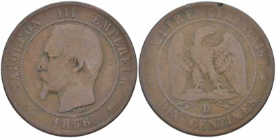 Франция 10 сантимов 1856 D, Наполеон III (1852-1870) KM 771.4, Le Franc 133.35 бронза    4680-622