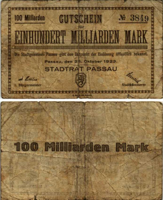 ПАССАУ 100000000000 МАРОК 1923 НОТГЕЛЬД, 25 ОКТЯБРЯ 1923, ЗЕМЛЯ БАВАРИЯ бумага 8564-46-4
