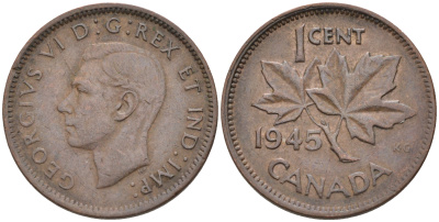 Канада 1 цент 1945 Георг VI (1937-1952), кленовый лист KM 32 бронза    4115-742