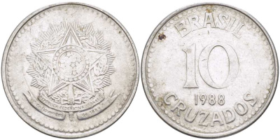 Бразилия 10 крузадо 1988 реформа 1986-1989 KM 607 нержавеющая сталь 210-536