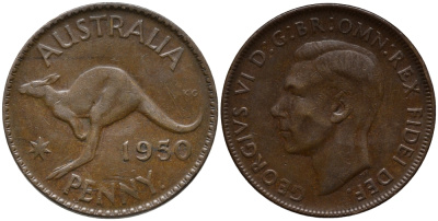Австралия 1 пенни 1950 p, Георг VI (1936-1952), кенгуру KM 43 бронза 32-634
