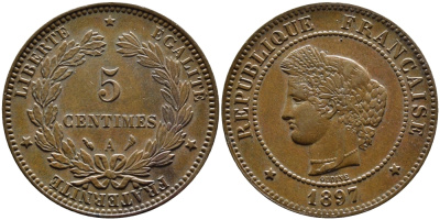 ФРАНЦИЯ 5 САНТИМОВ 1897 A, ТРЕТЬЯ РЕСПУБЛИКА (1871-1940) KM 821.1, LE FRANC 118.41 бронза 4393-1236
