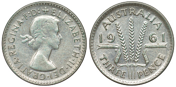 Австралия 3 пенса 1961 m, Елизавета II (1952-2022) KM 57 серебро 71-744