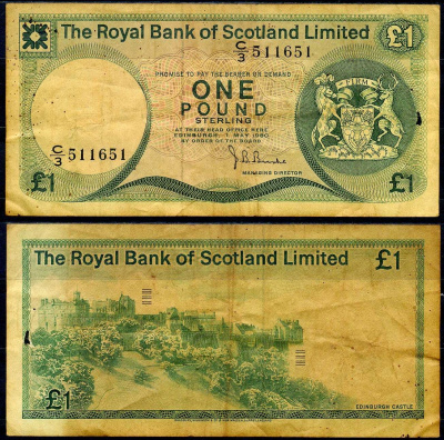 Шотландия 1 фунт 1980 редкий год Pick 336 a бумага 7222-15-3-2