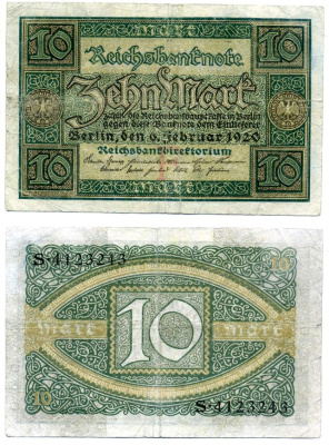 Германия 10 марок 1920 6 февраля 1920, Буква F, серия S, номер семизначный Pick 67а, Розенберг 63а бумага F-VF 6285-39-1-2