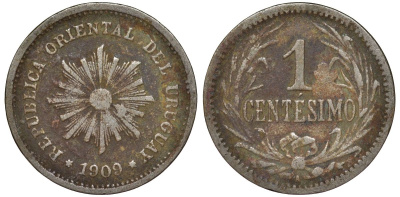 Уругвай 1 сентесимо 1909 KM 19 медно-никель 4169-565
