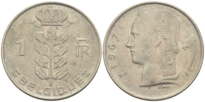 БЕЛЬГИЯ 1 ФРАНК 1967 BELGIQUE, БОДУЭН I (1951-1993) KM 142.1 медно-никель 119-457