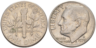 США 10 центов (дайм) 1974 D, Франклин Рузвельт KM 195а медь плакированная медно-никелем 187-1051