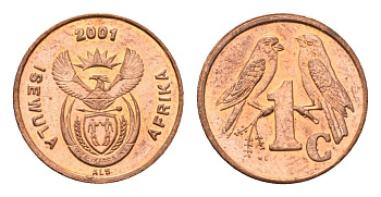 ЮАР 1 цент 2001 герб, капские воробьи KM 221 сталь плакированная медью UNC 4694-161