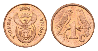 ЮАР 1 цент 2001 герб, капские воробьи KM 221 сталь плакированная медью UNC 4694-161