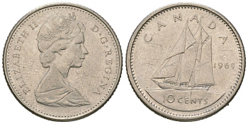Канада 10 центов 1969 парусник, Елизавета II (1952-2022) KM 77 никель 4618-722