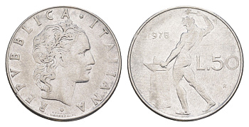 Италия 50 лир 1978 R, бог огня Вулкан у наковальни KM 95.1 нержавеющая сталь 4551-1111