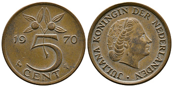 НИДЕРЛАНДЫ 5 ЦЕНТОВ 1970 ЮЛИАНА KM 181 бронза 261-444