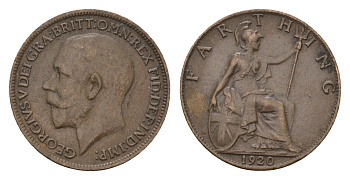 Великобритания 1 фартинг 1920 Георг V (1910-1936) KM 808.2, Spink 4060 бронза 4674-767