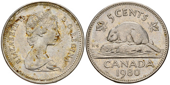 Канада 5 центов 1980 Елизавета II (1953-), бобр KM 60.2 никель 4189-912