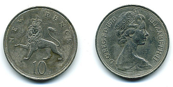 Великобритания 10 пенсов 1970 Елизавета II (1952-2022) KM 912, Spink 4231 (F1) медно-никель  4110-1234