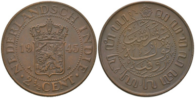 Голландская (Нидерландская) Индия 2 1/2 цента 1945 KM 316 бронза aUNC 221-935